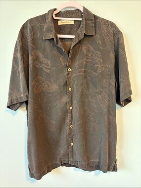 100% Silk Tommy Bahama Brown Floral-Print Hawaiian Short Sleeve Camp Shirt Men L